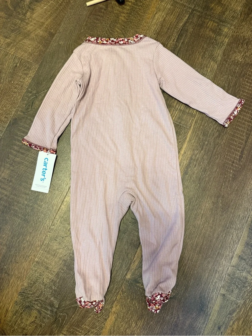 Carter's Dusty Mauve Ribbed Footed One-Piece with Floral Trim & Hat
